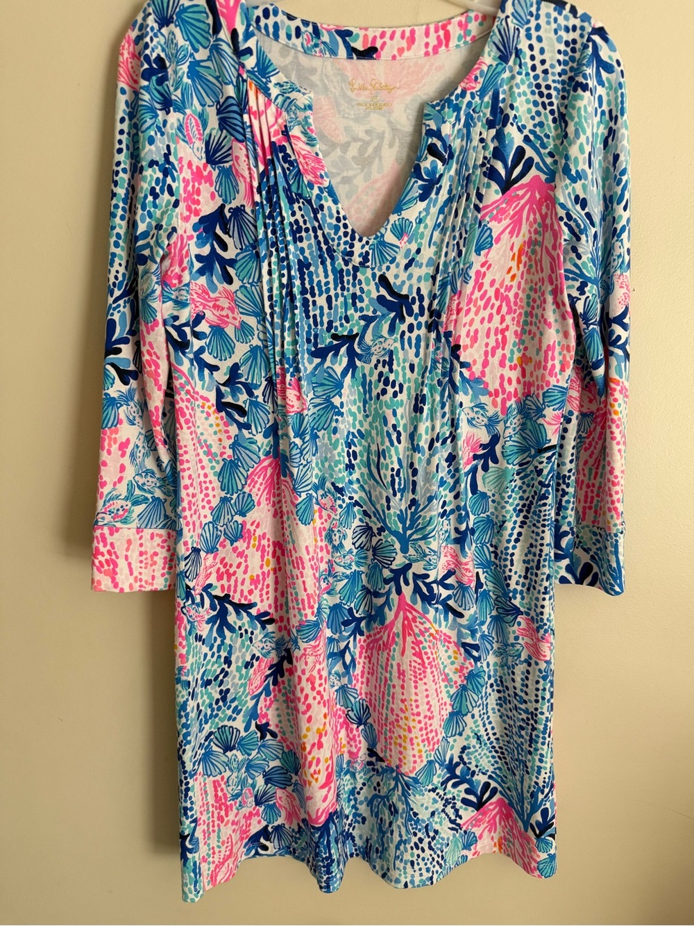 Lilly Pulitzer Dress Womens XS Coastal Blue Pink Ocean Shells Shift 3/4 Sleeve